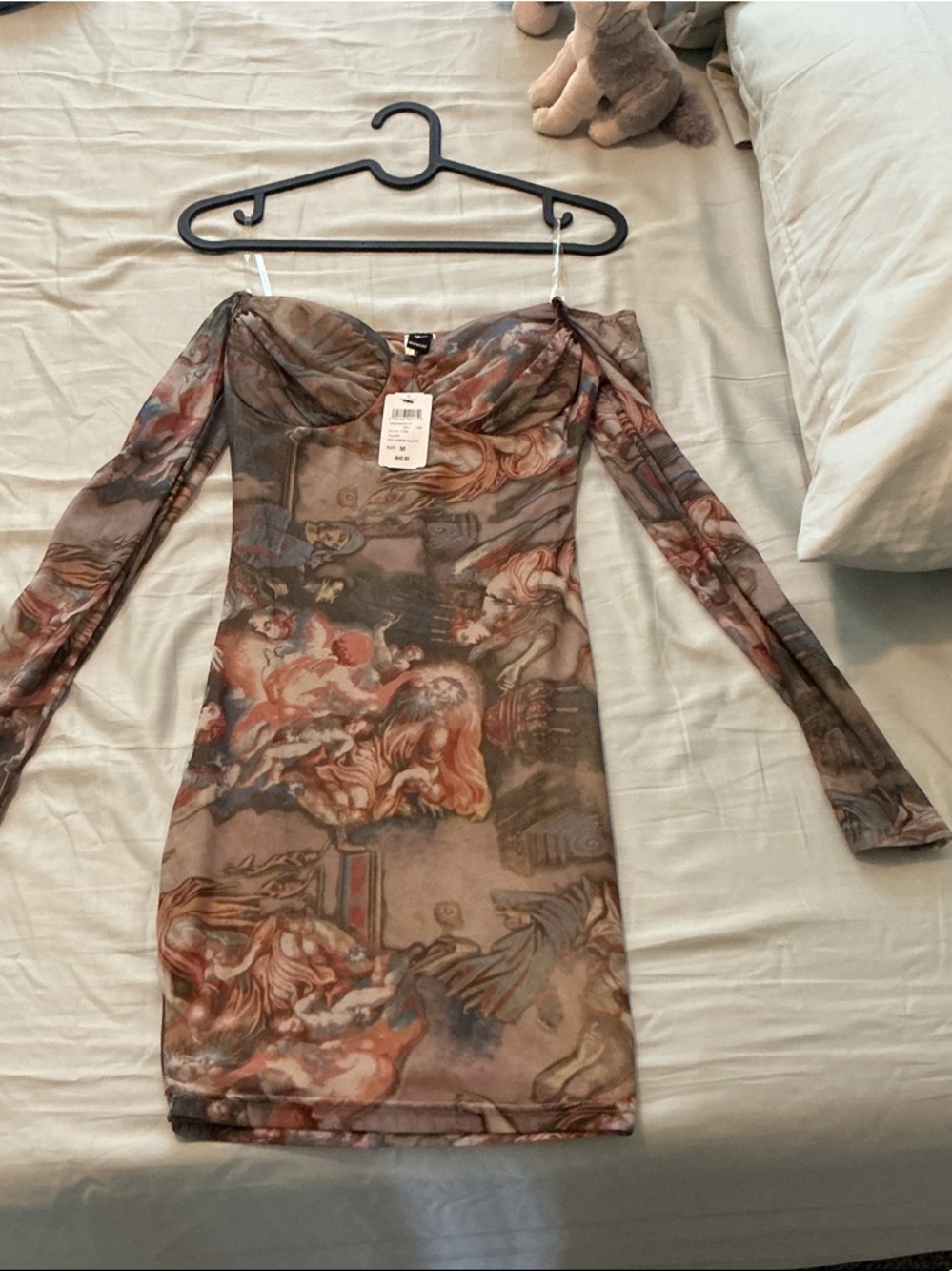 Off-Shoulder Long Sleeve Mesh Dress in Brown Print